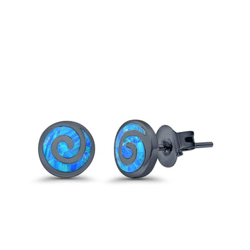 Spiral Swirl Stud Earrings Black Tone, Lab Created Blue Opal 925 Sterling Silver